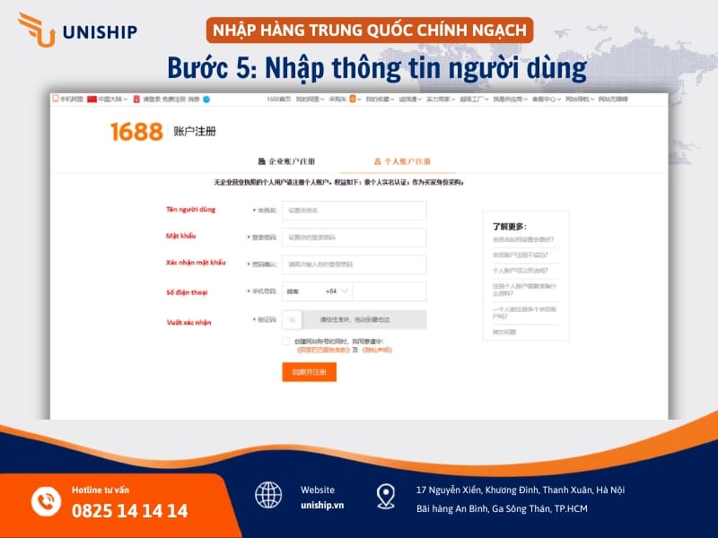 Nhập các thông tin để đăng ký