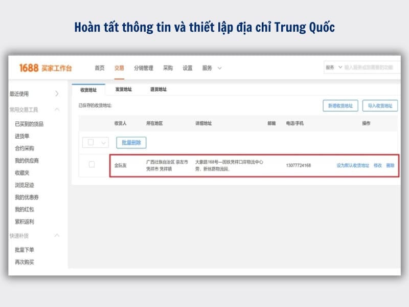 Hoàn tất thông tin và thiết lập địa chỉ Trung Quốc