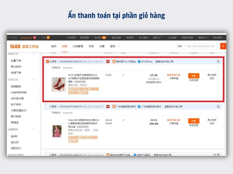 Ấn thanh toán tại phần giỏ hàng