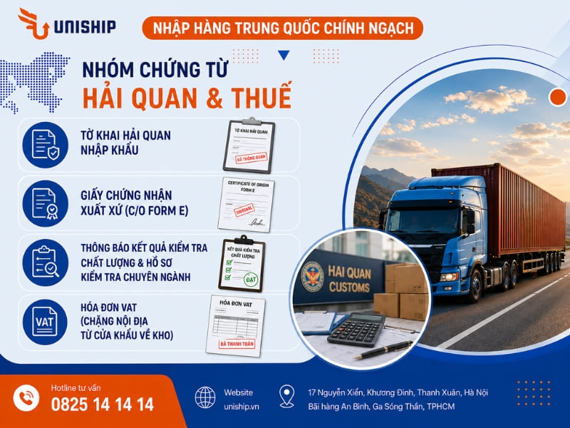 Nhóm chứng từ hải quan và thuế (Tờ khai, C/O Form E, Kiểm tra chuyên ngành, Hóa đơn VAT)