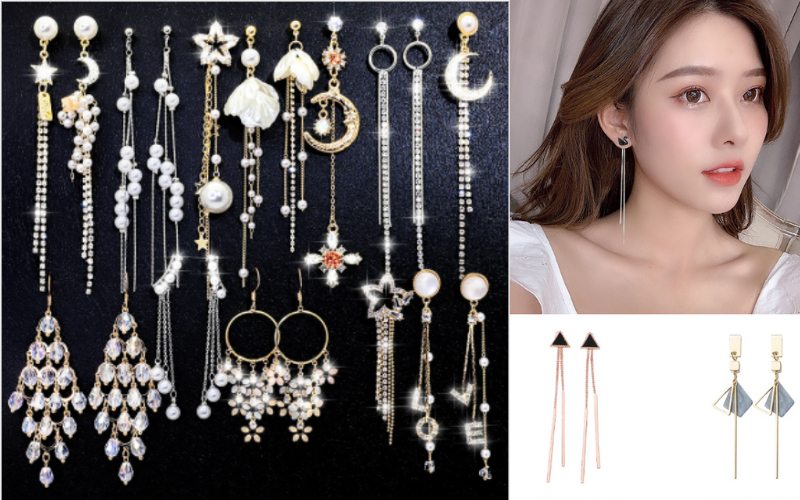 Bông tai hợp kim mạ vàng, khuyên tai tròn, hoặc kiểu dáng bất đối xứng