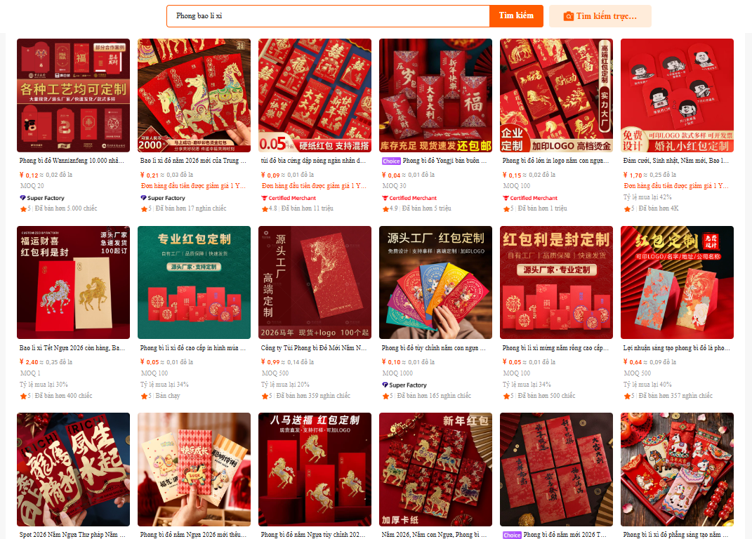 Gợi ý nguồn hàng bao lì xì Tết 2026 bán chạy nhất trên Taobao, Tmall và 1688