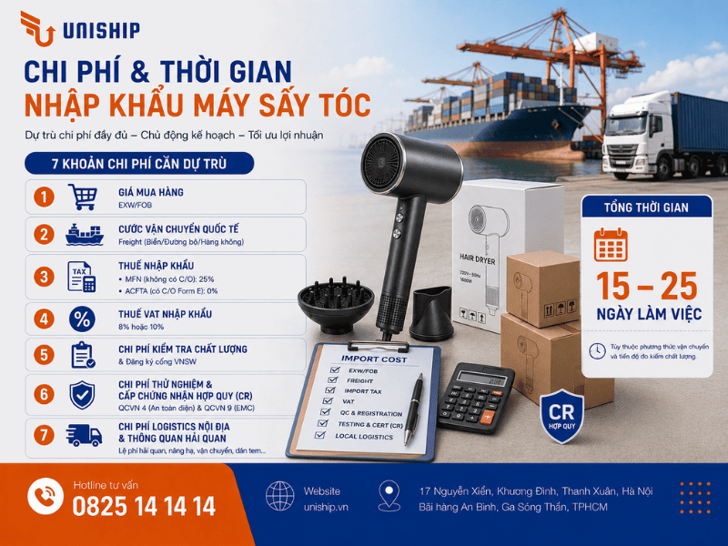 Chi phí và thời gian nhập khẩu máy sấy tóc