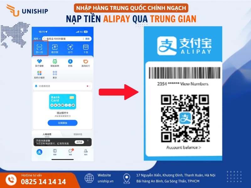Nạp tiền Alipay qua trung gian