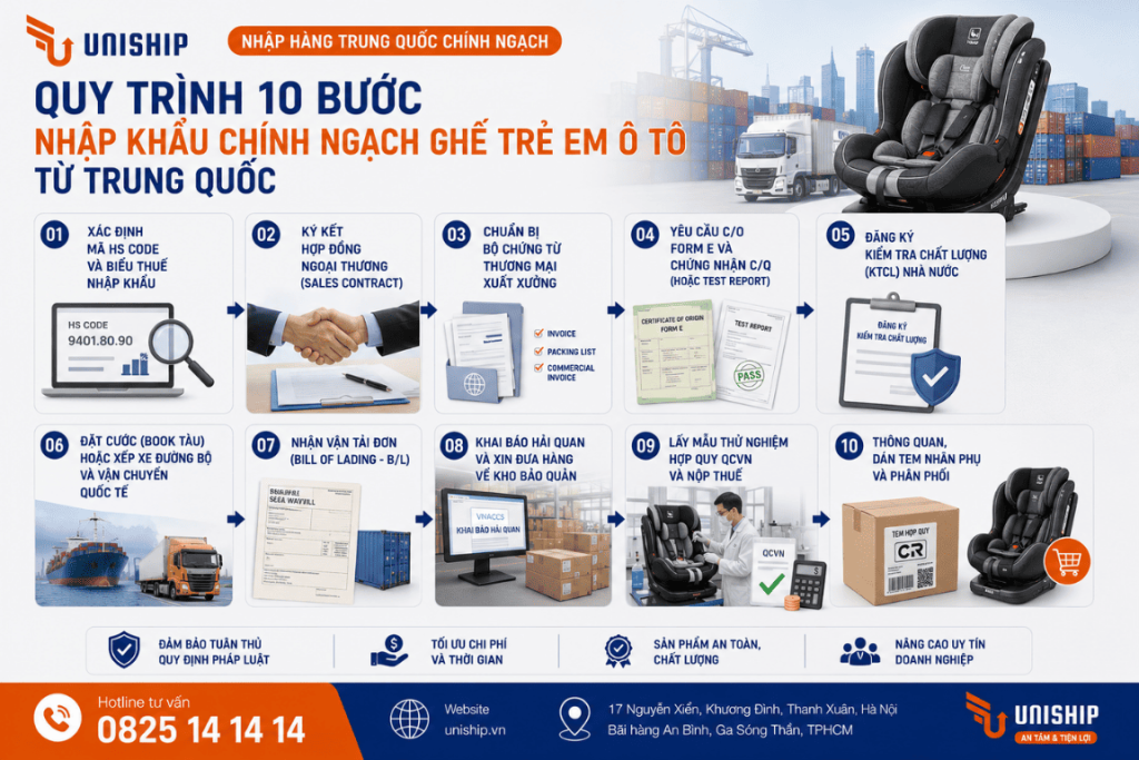 Quy trình 10 bước nhập khẩu chính ngạch ghế trẻ em ô tô từ Trung Quốc