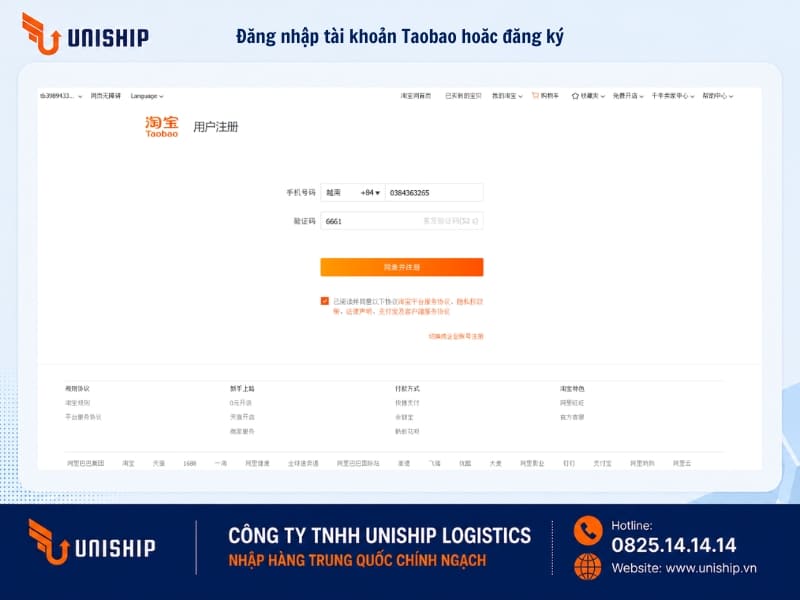 Đăng nhập tài khoản Taobao hoặc đăng ký tài khoản