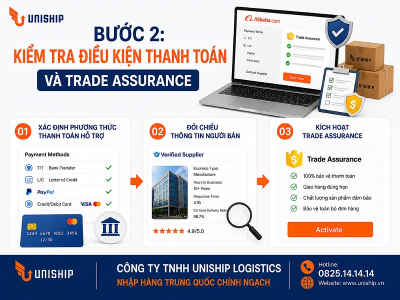 Bước 2: Kiểm tra điều kiện thanh toán và Trade Assurance