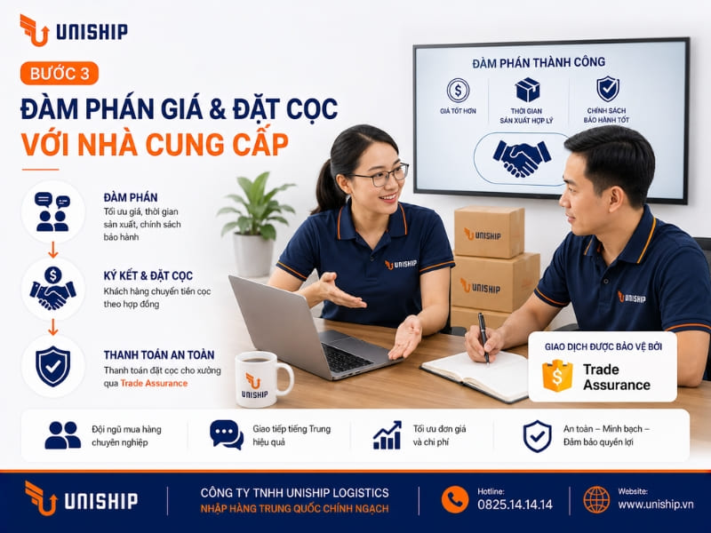 Bước 3: Công ty Trung gian đại diện doanh nghiệp nhập khẩu đàm phán giá cả và đặt cọc với nhà cung cấp