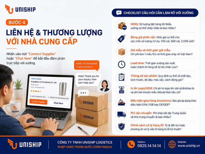 Bước 4: Liên hệ và thương lượng với nhà cung cấp