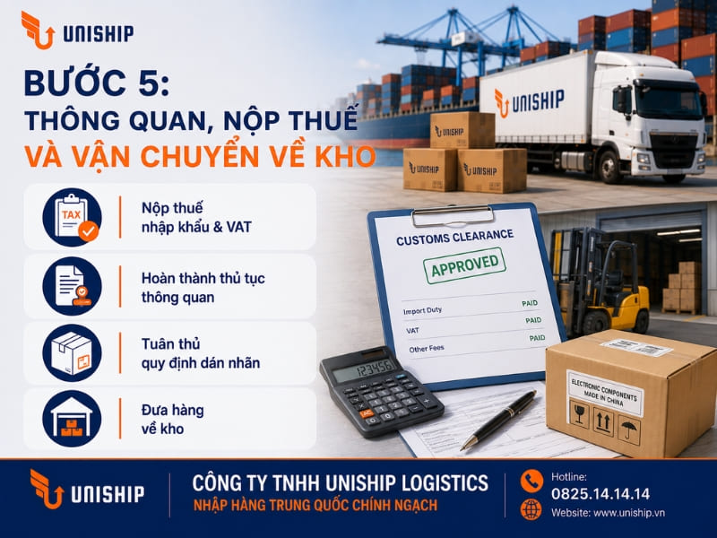 Bước 5: Thông quan, nộp thuế và vận chuyển về kho