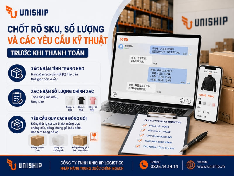 Chốt rõ SKU, số lượng và các yêu cầu kỹ thuật trước khi thanh toán
