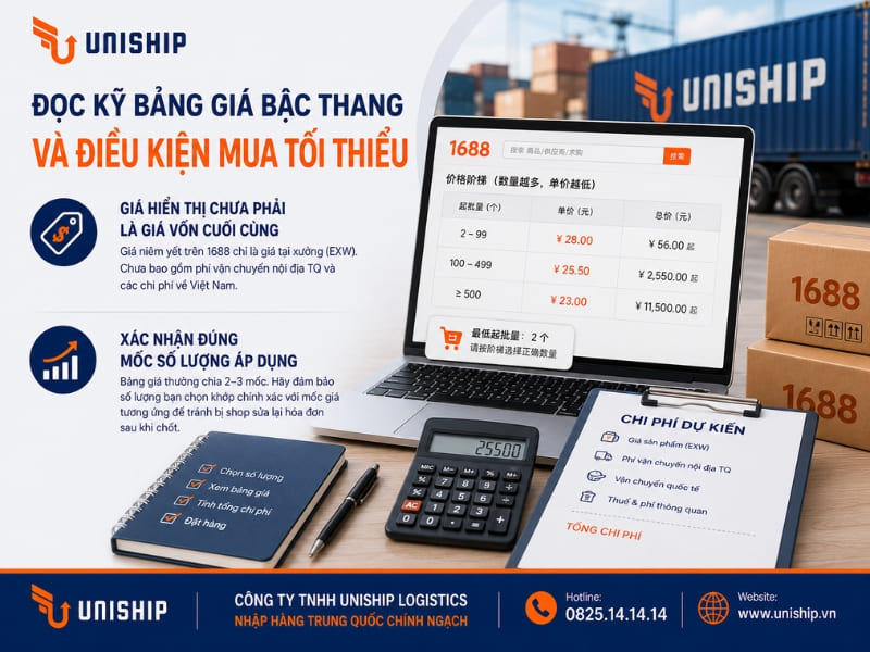 Đọc kỹ bảng giá bậc thang và điều kiện mua tối thiểu trên 1688