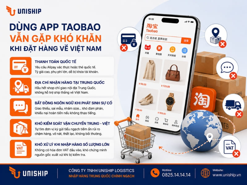 dùng app Taobao vẫn gặp khó khăn khi đặt hàng về Việt Nam vì