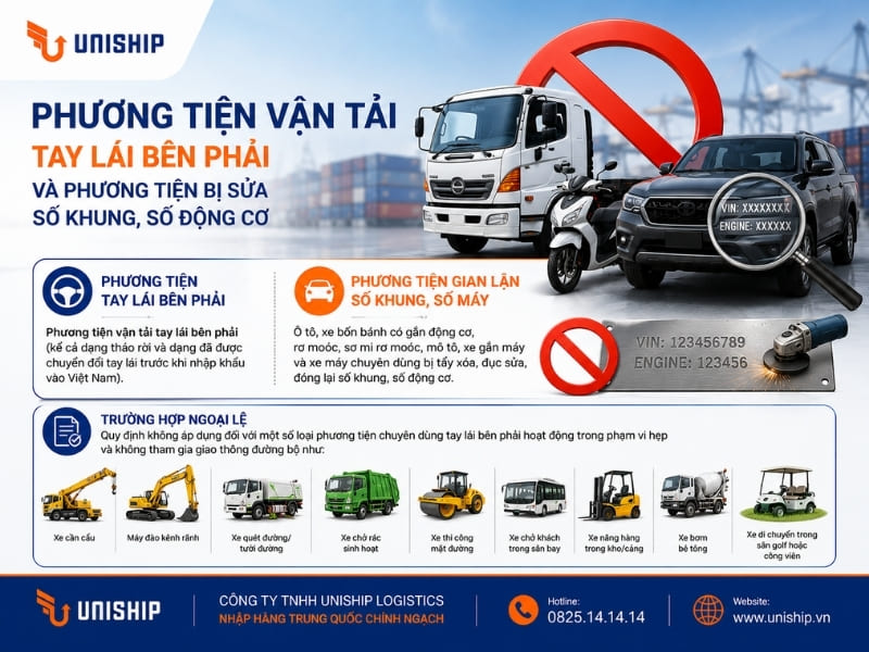 Phương tiện vận tải tay lái bên phải và phương tiện bị sửa số khung, số động cơ
