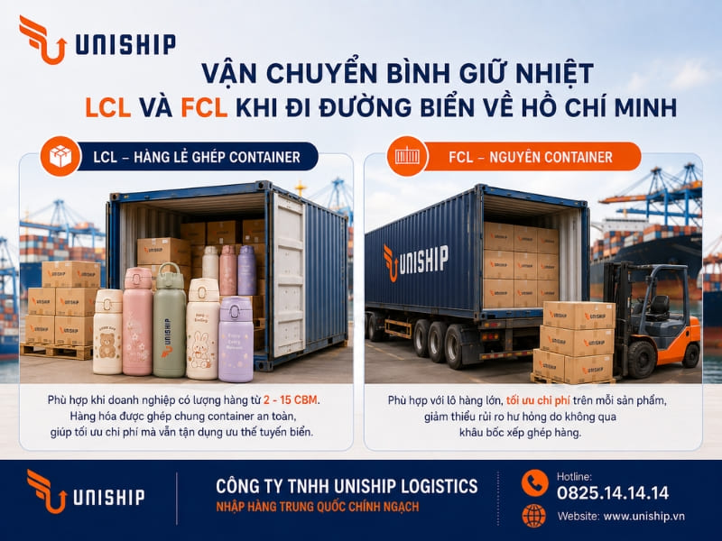 Vận chuyển bình giữ nhiệt LCL hay FCL khi đi đường biển về Hồ Chí Minh