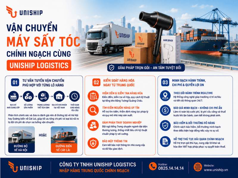 Vận chuyển máy sấy tóc chính ngạch cùng Uniship Logistics