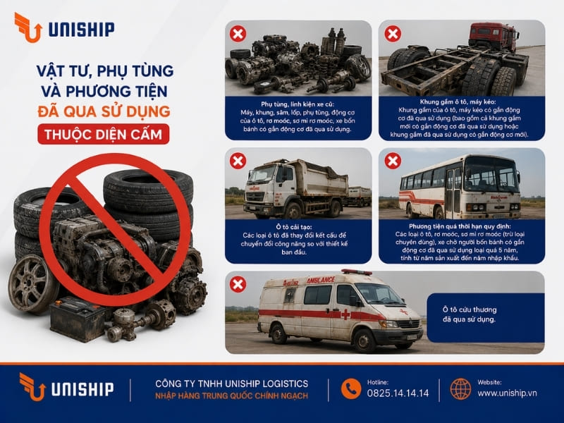 Vật tư, phụ tùng và phương tiện đã qua sử dụng thuộc diện cấm