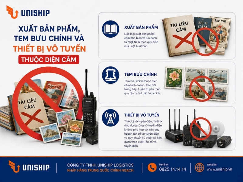 Xuất bản phẩm, tem bưu chính và thiết bị vô tuyến thuộc diện cấm