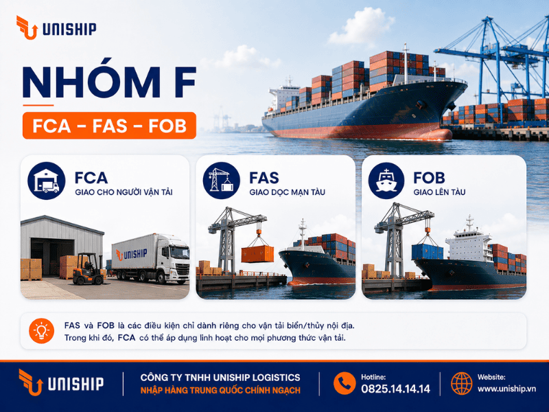 Nhóm F – FCA, FAS, FOB trong incoterms