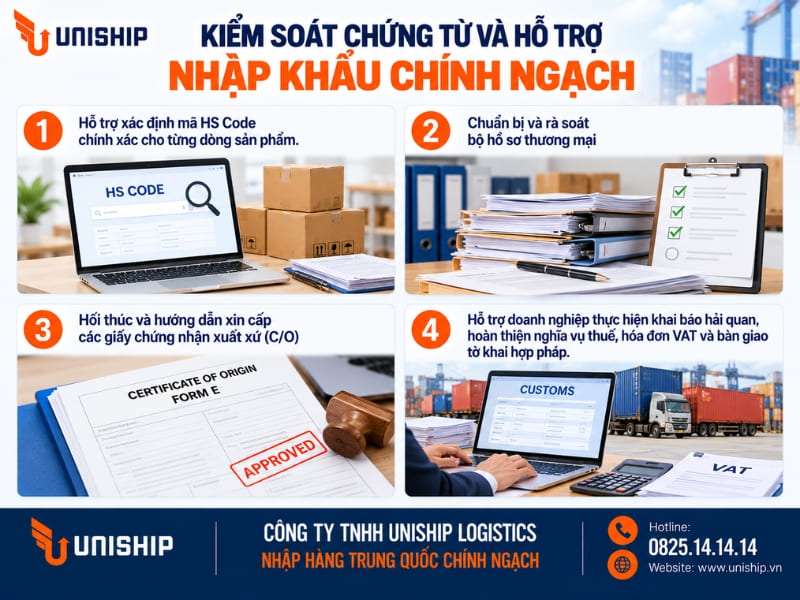 Kiểm soát chứng từ và hỗ trợ nhập khẩu chính ngạch
